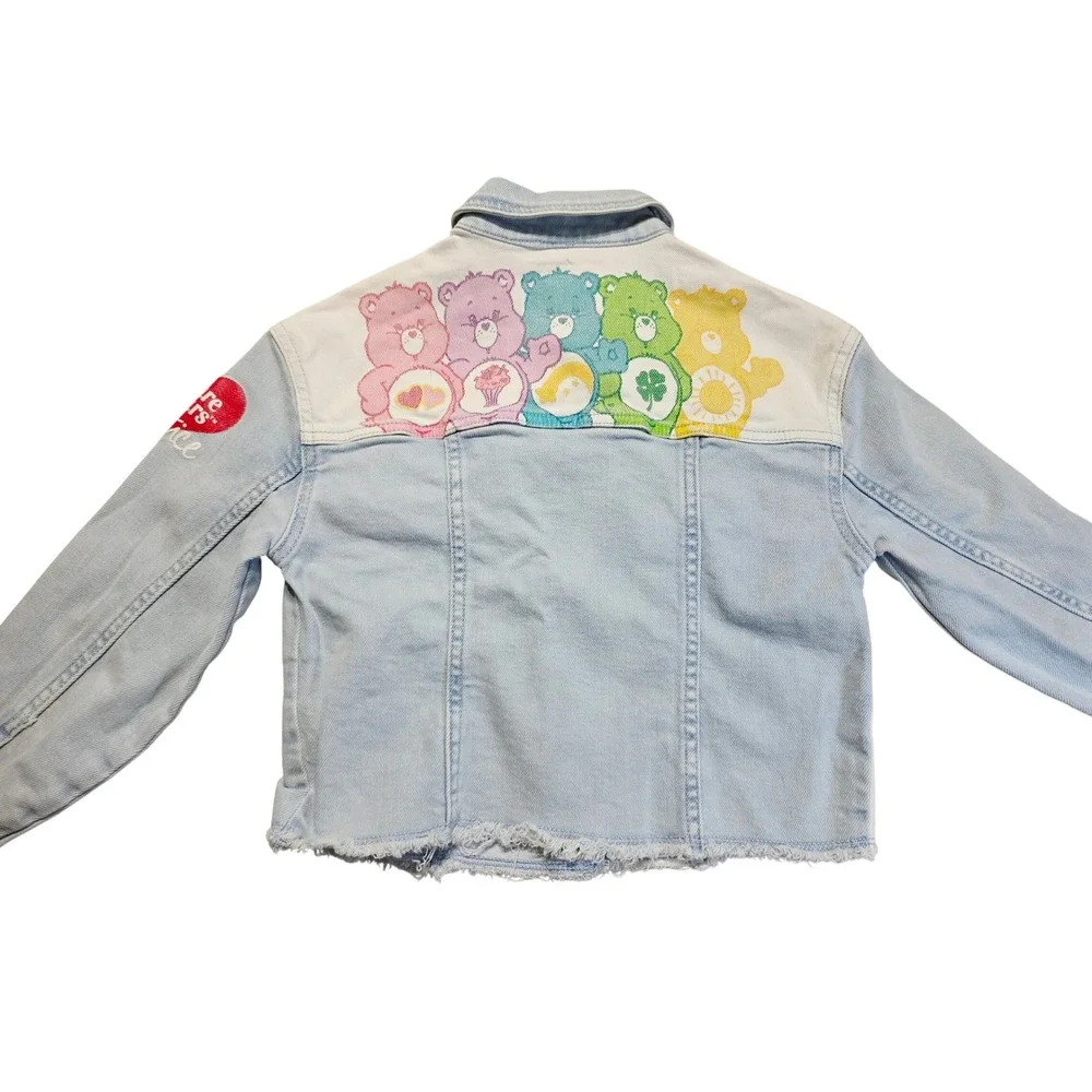 Justice Care Bears Denim Jacket Girls Sz 7/8 Light Wash Two Tone Frayed Hem